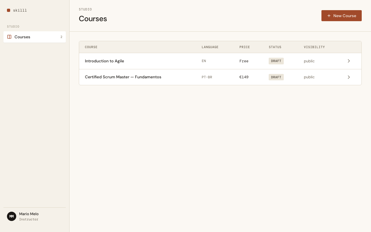 Courses list with two entries