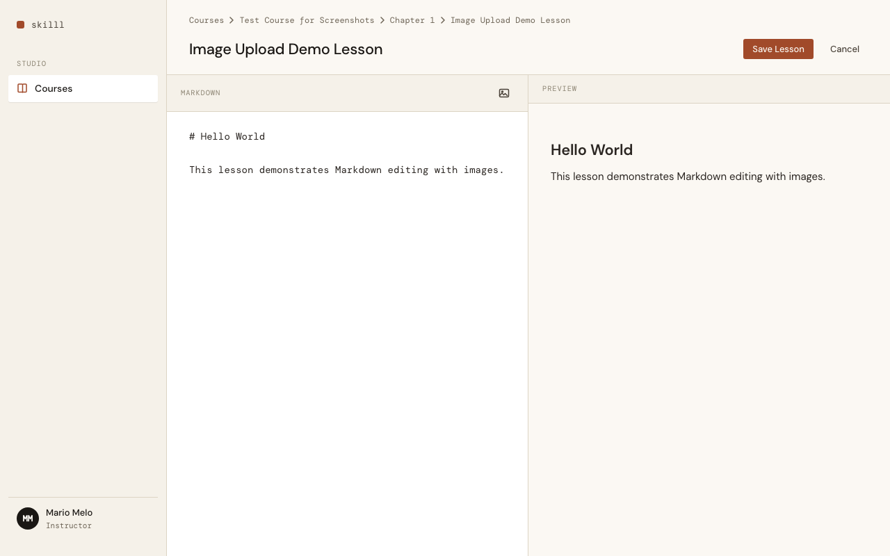 Lesson editor with upload toolbar