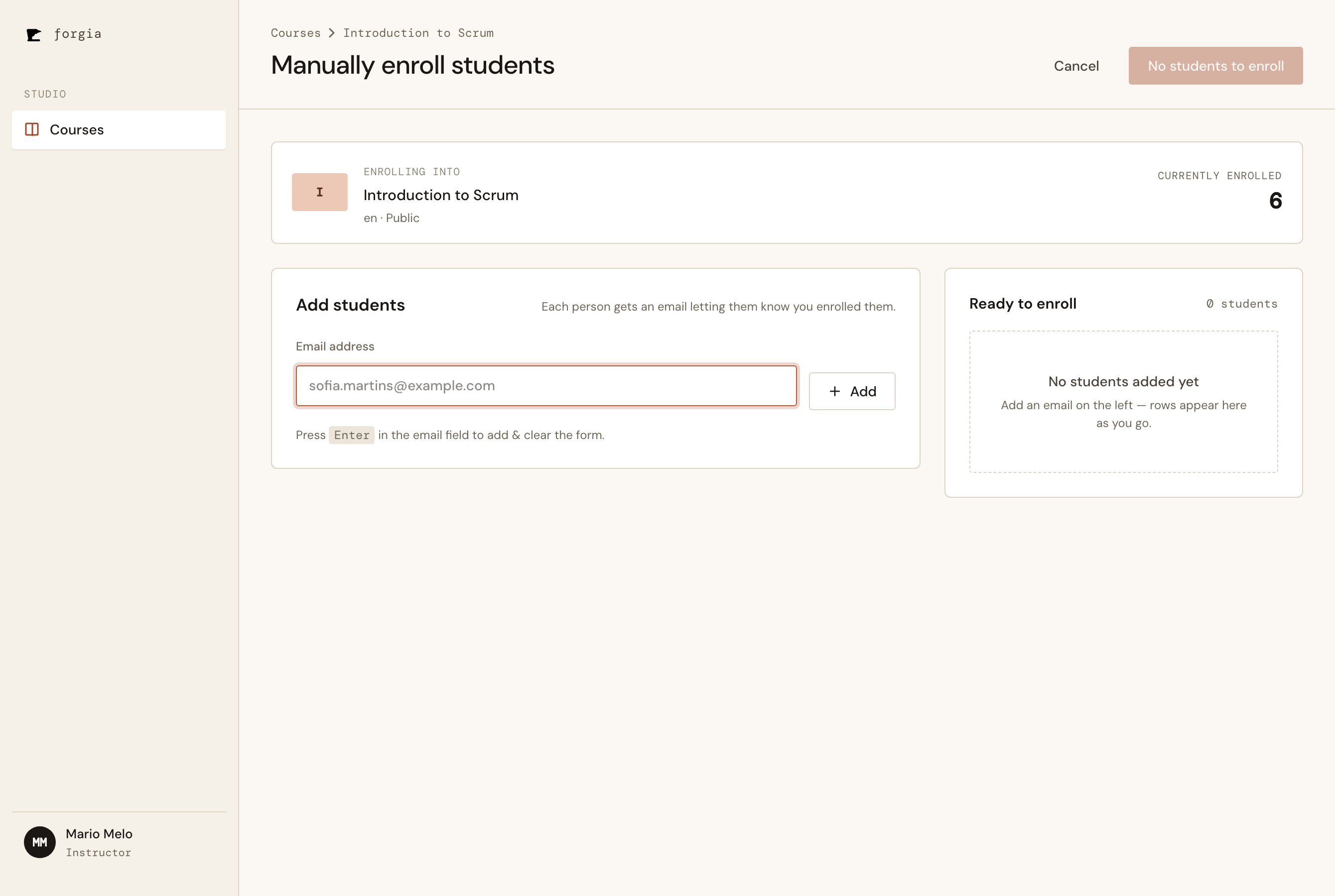 Enroll screen, empty