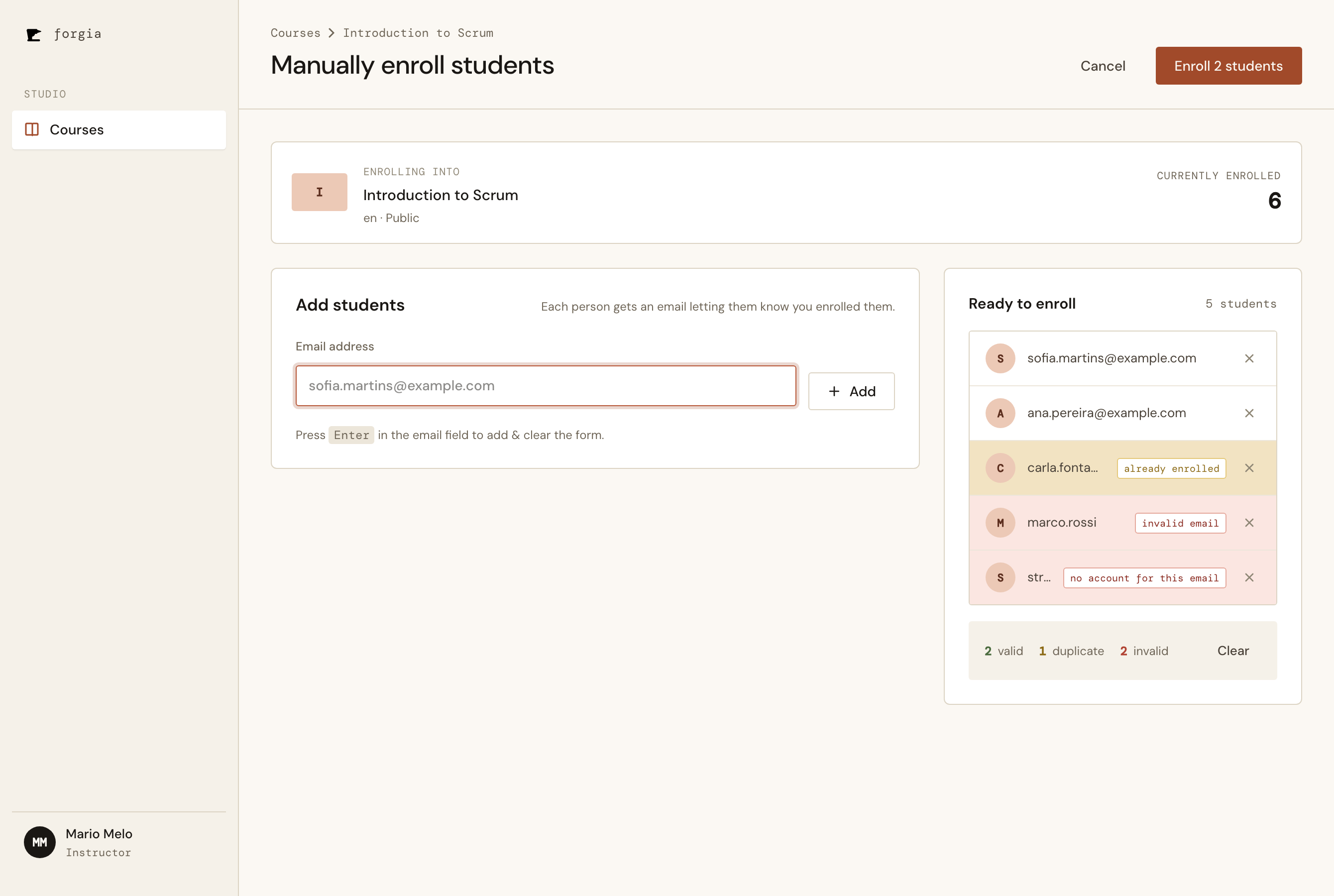 Enroll screen with a mix of flagged rows