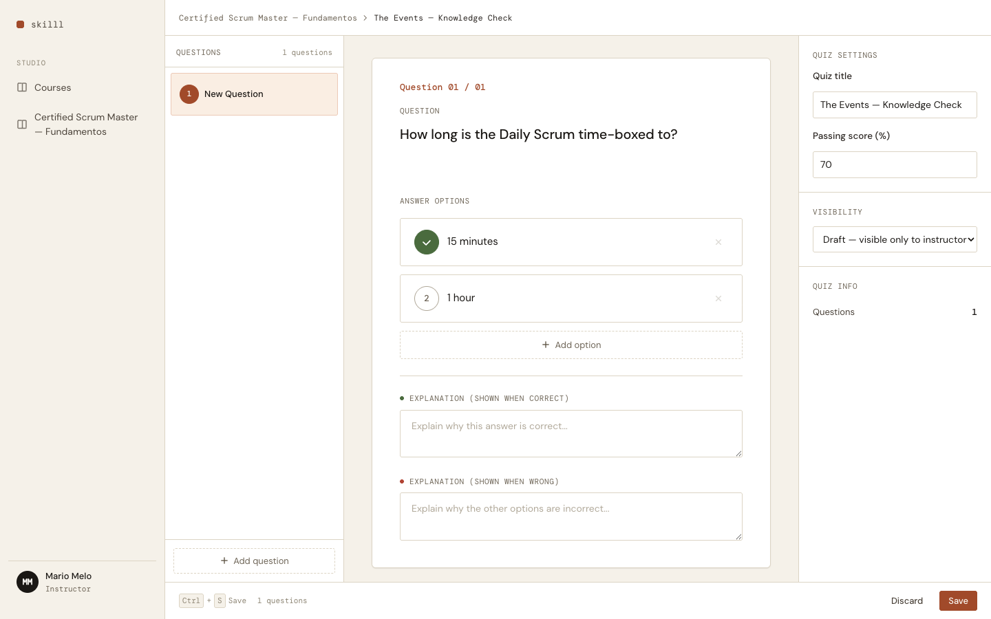 Quiz question editor with a correct answer marked