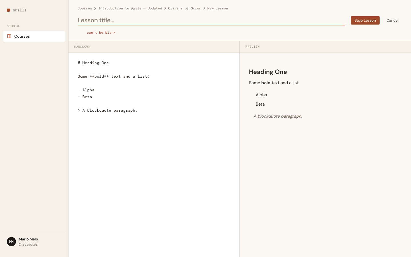 Lesson editor with live preview