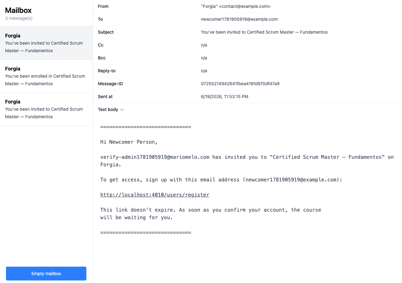 Dev mailbox showing the enrollment notification and the invitation