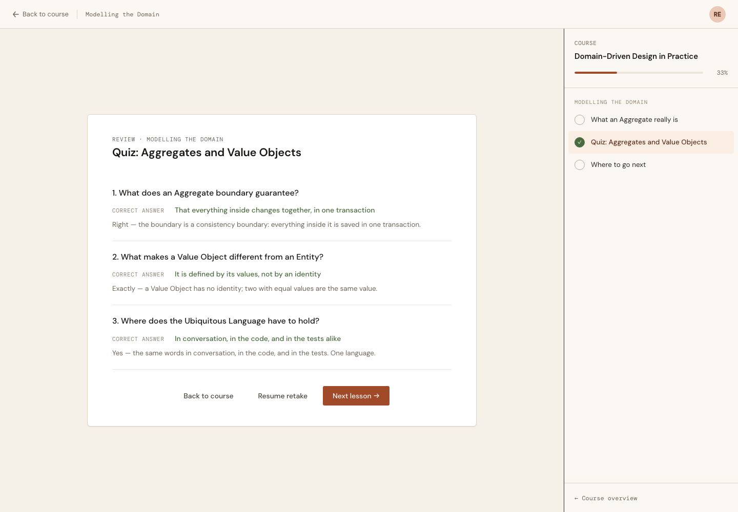 The review screen offering Resume retake