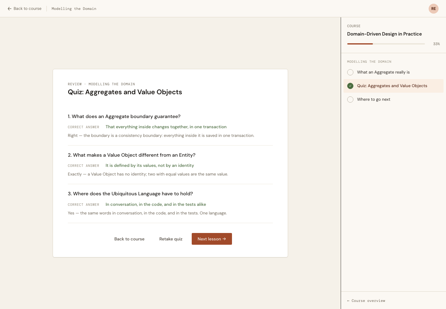 The review screen with a Retake quiz action