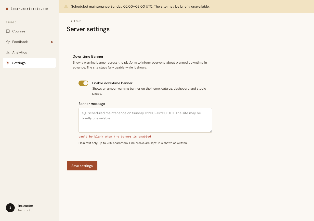 Trying to enable the banner with an empty message: the field rejects it inline, and nothing is saved.