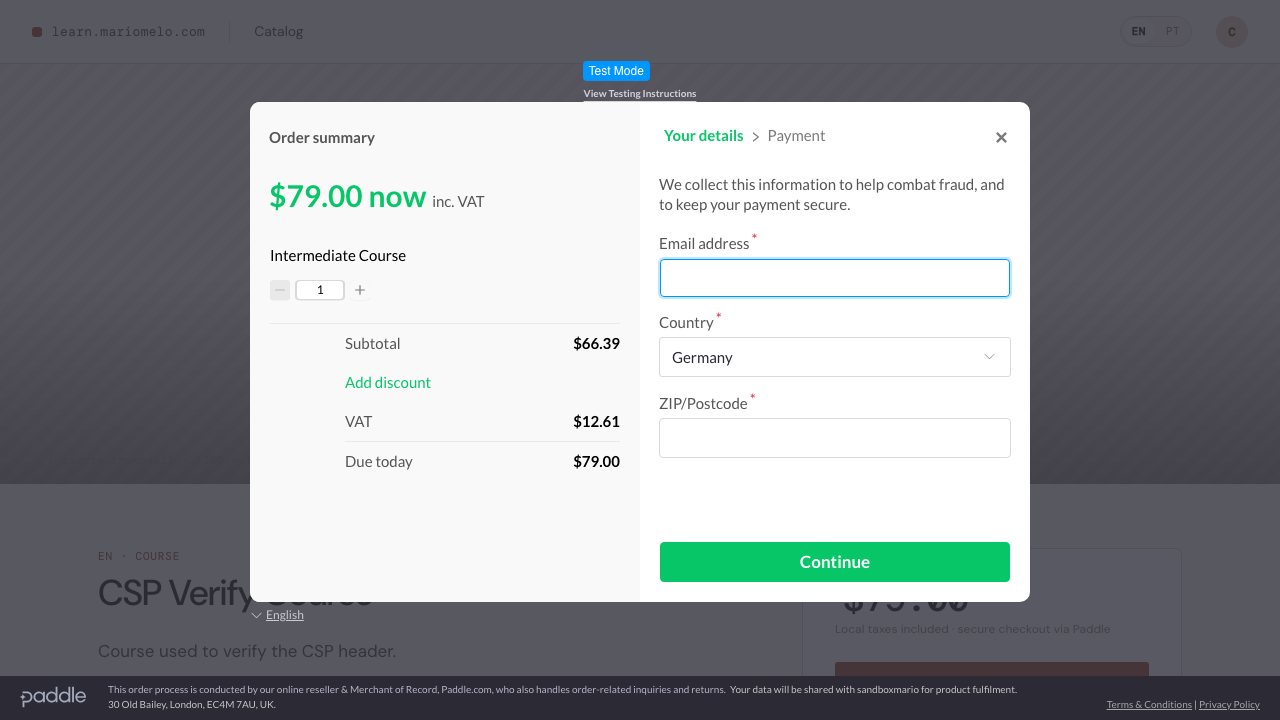 Paddle’s checkout overlay, fully interactive, running under the enforcing Content-Security-Policy header
