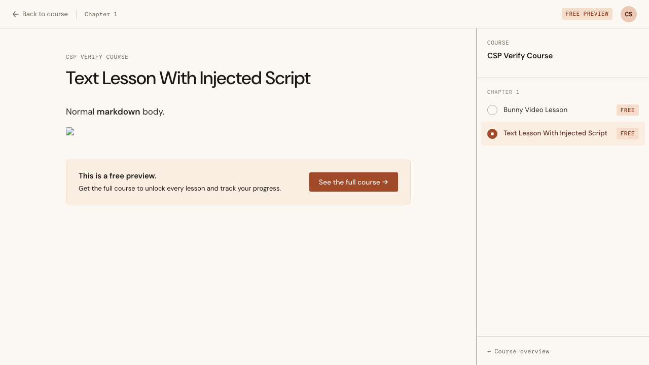 A Text Lesson rendering Earmark/raw() HTML that includes an injected tag and an onerror handler — the page renders fine, nothing crashes