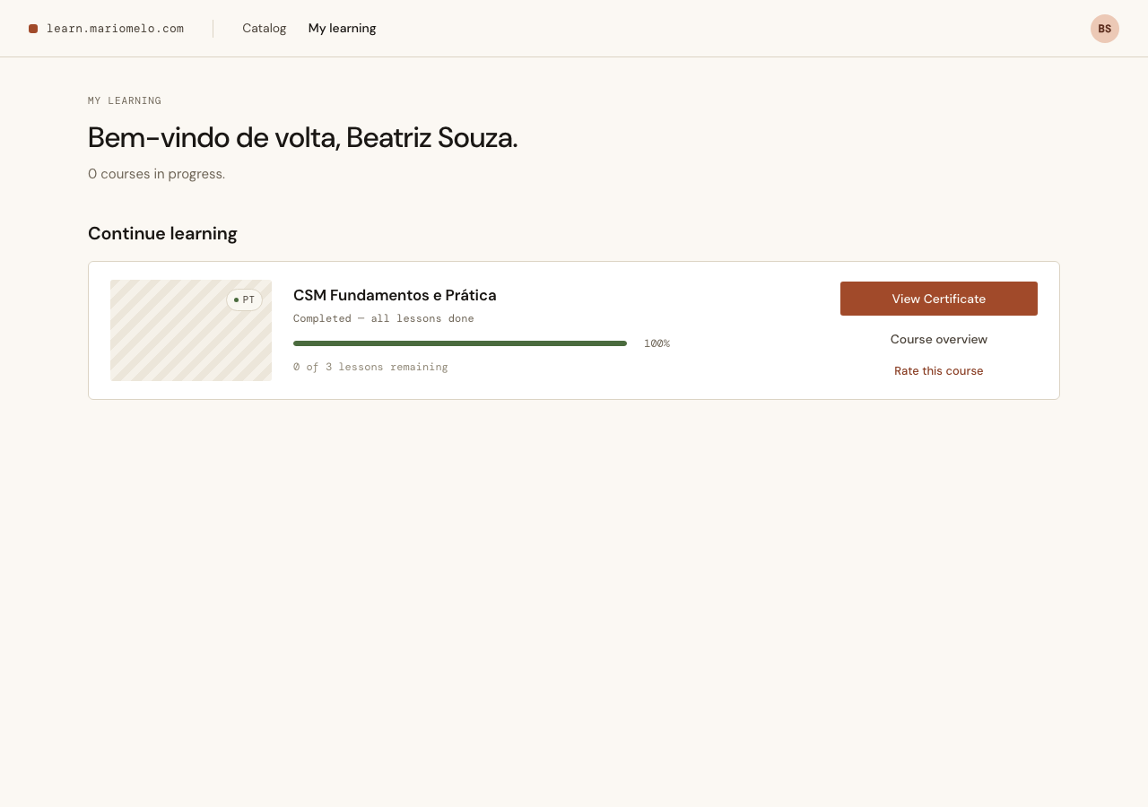 The dashboard: a completed course row with a &ldquo;Rate this course&rdquo; link