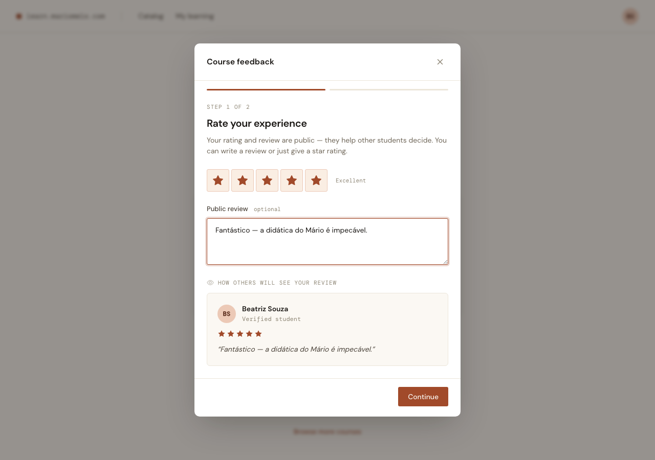 Step 1 of the dialog: the star rating, the public review textarea, and a live preview card showing how the review will appear to others