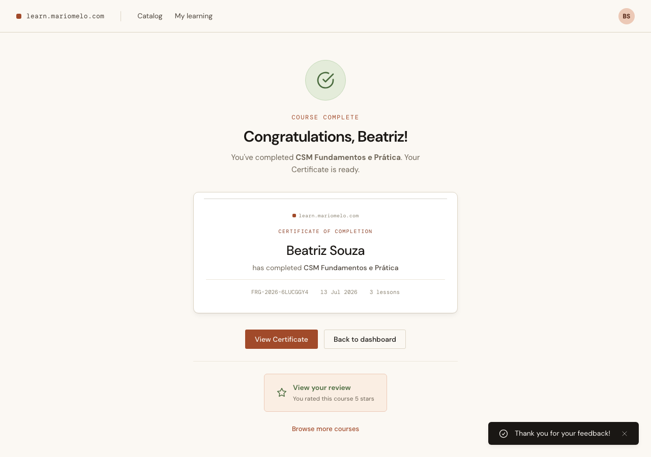 The reviewed state: the button now reads &ldquo;View your review — You rated this course 5 stars&rdquo;