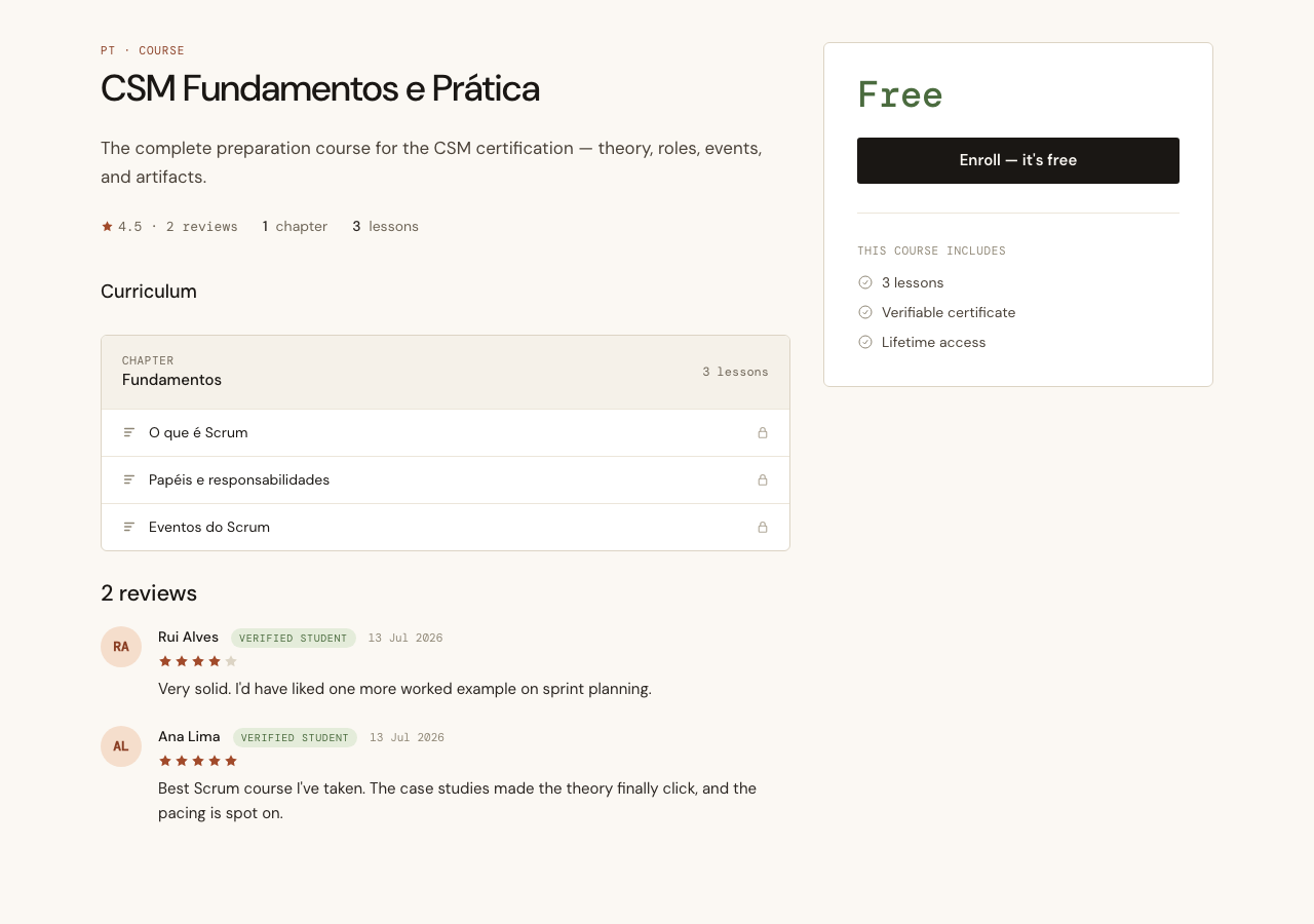 The Course detail page: the aggregate in the meta row, and the Reviews list with avatar, name, &ldquo;Verified student&rdquo;, stars, text, and date