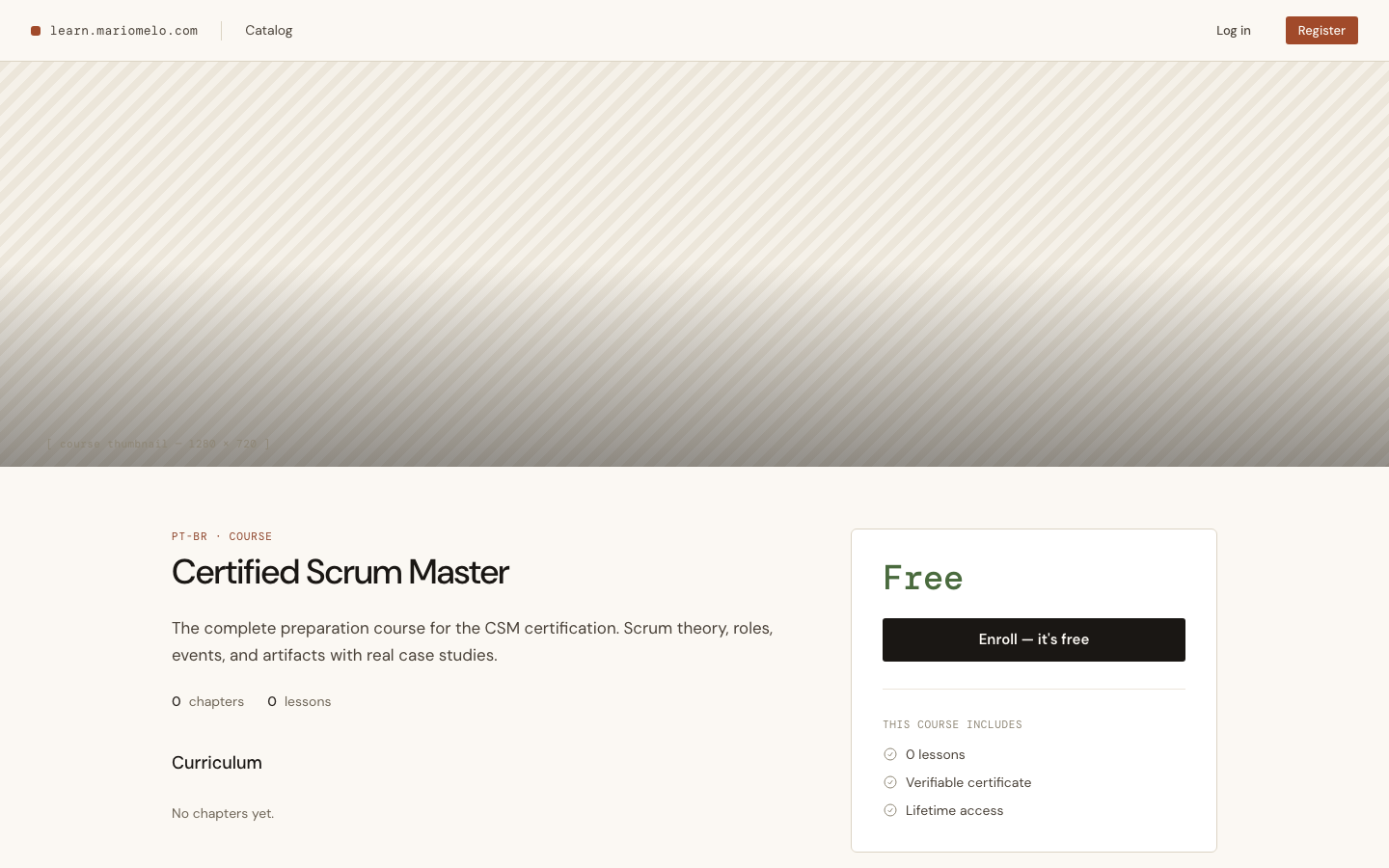 The detail page with nothing authored: a placeholder hero, and no Introduction or What-you&rsquo;ll-learn sections at all