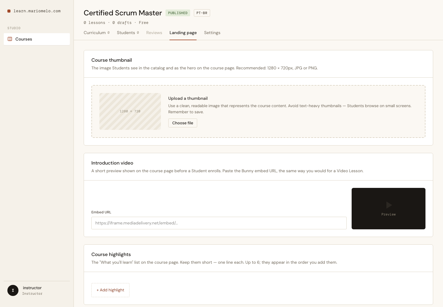The Landing page tab with nothing authored yet