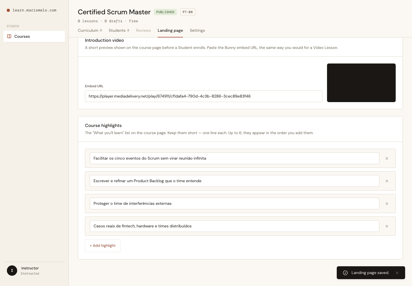 The Landing page tab, filled in
