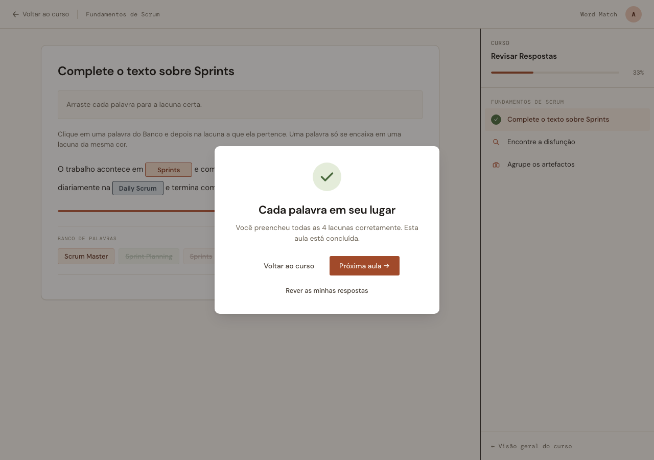 The success modal covering the passage: the filled Blanks are behind it