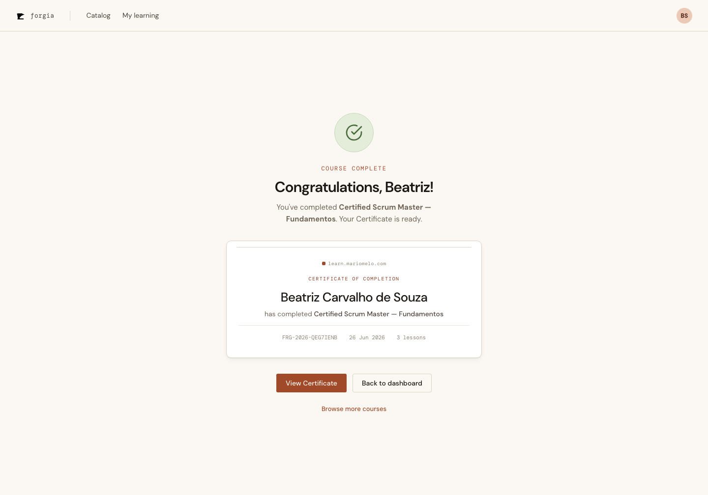 The Course-complete congratulations screen