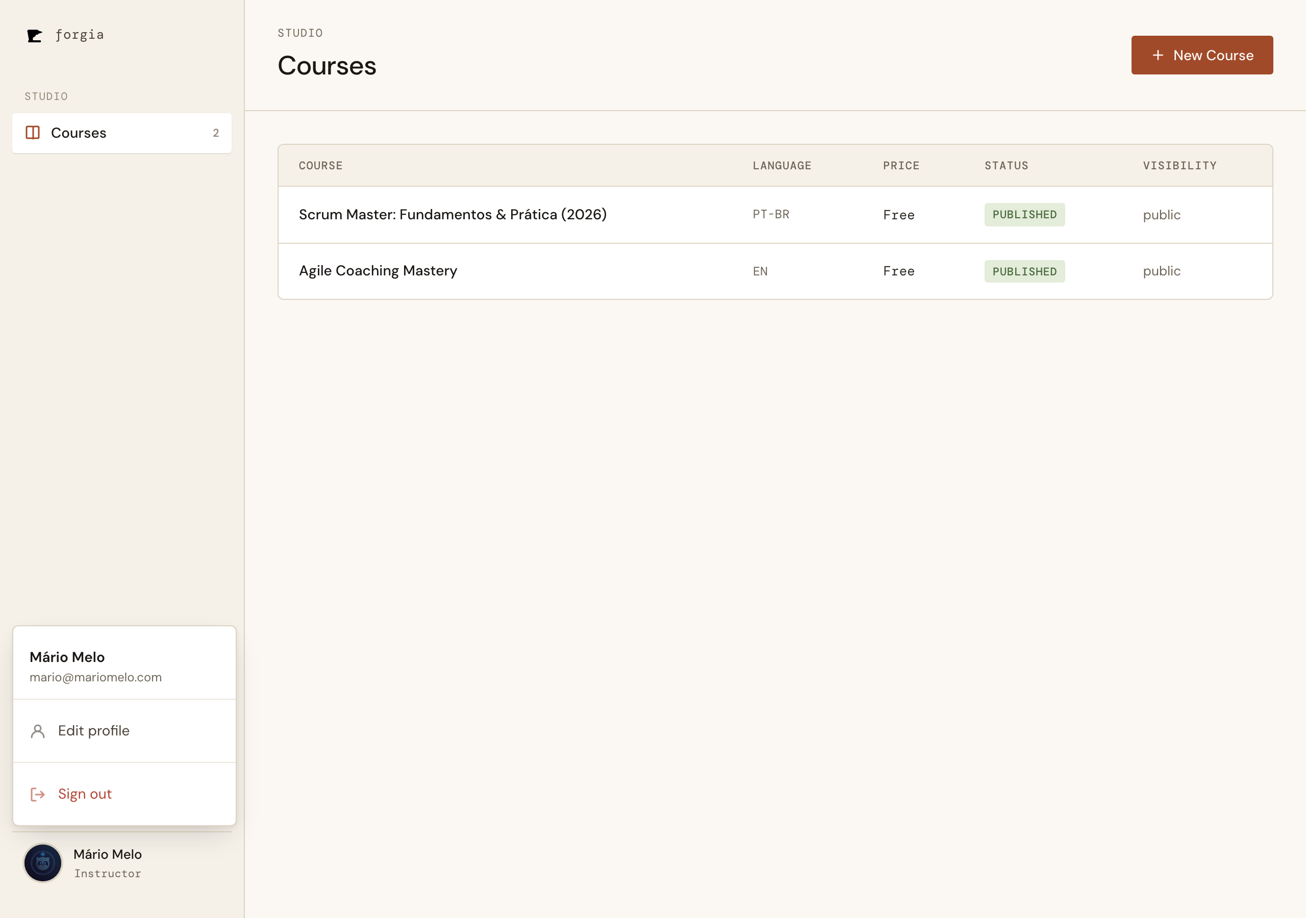 The instructor studio sidebar, dropdown opening upward