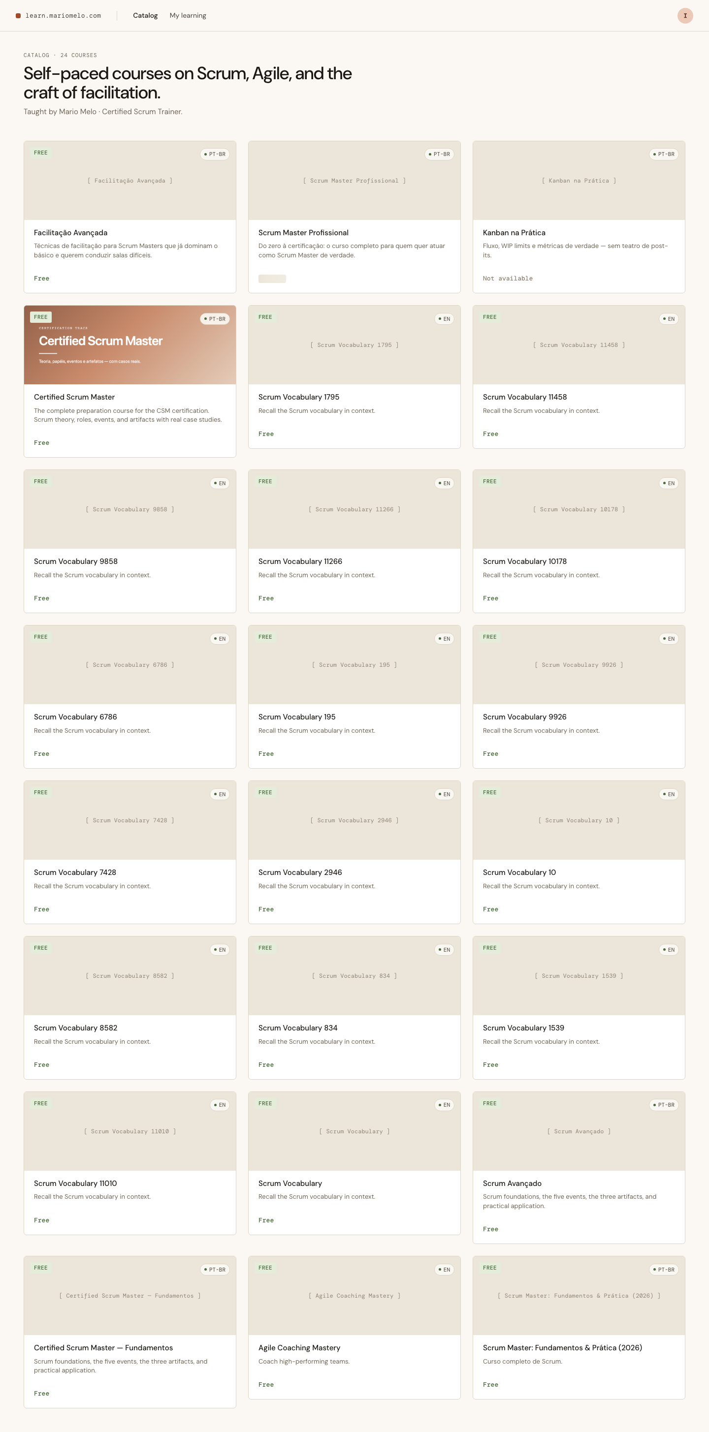 The catalog mid-flight: a free card, a shimmering paid card, and a misconfigured card