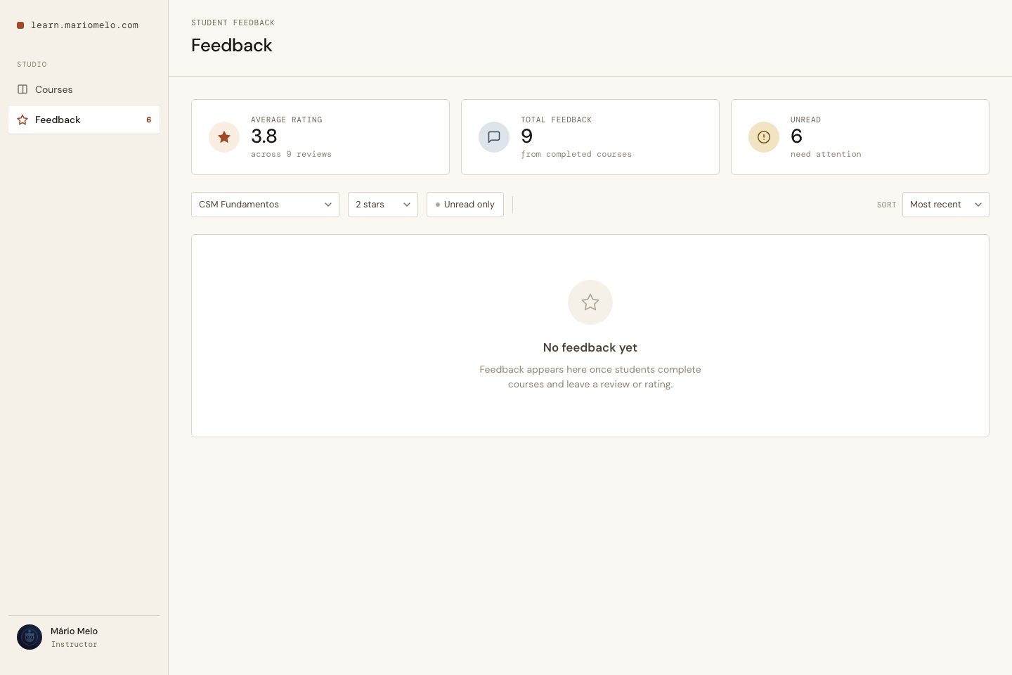 A filter combination matching no reviews, showing the &ldquo;No feedback yet&rdquo; empty state while the summary strip still reports 9 total
