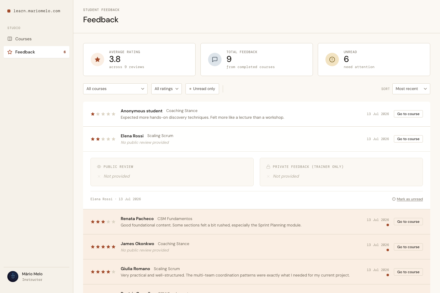 An expanded review with no public text and no private feedback, both panes reading &ldquo;Not provided&rdquo;