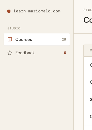 The Studio sidebar with Courses and Feedback, the Feedback link carrying an unread count badge