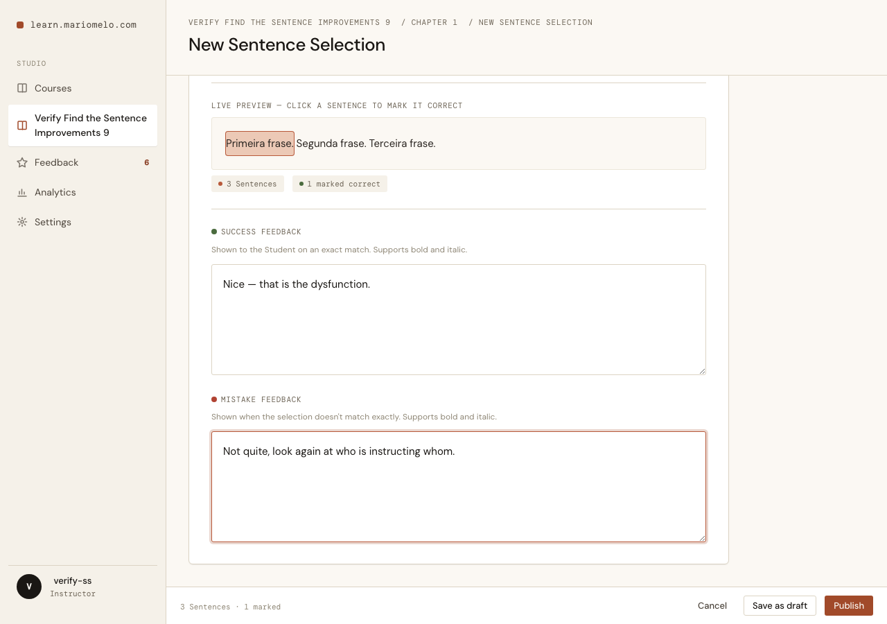 Success and mistake feedback fields, plus the marked-correct preview