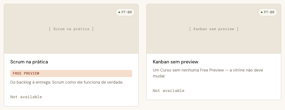 Two catalog cards side by side: one badged FREE PREVIEW, one without, otherwise identical