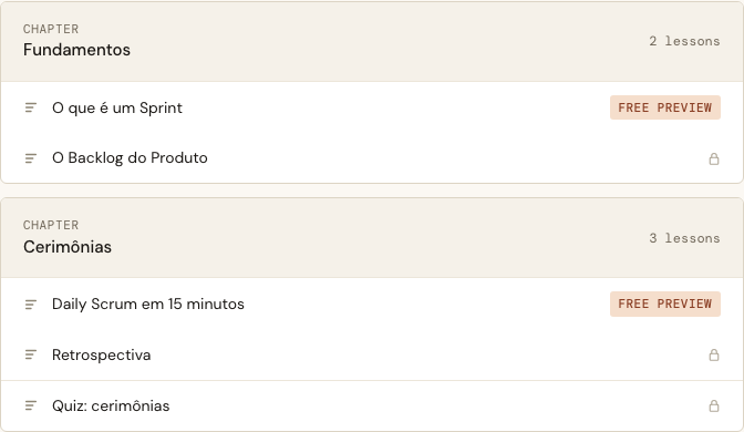 The Course curriculum showing two rows badged FREE PREVIEW and clickable, and three rows padlocked