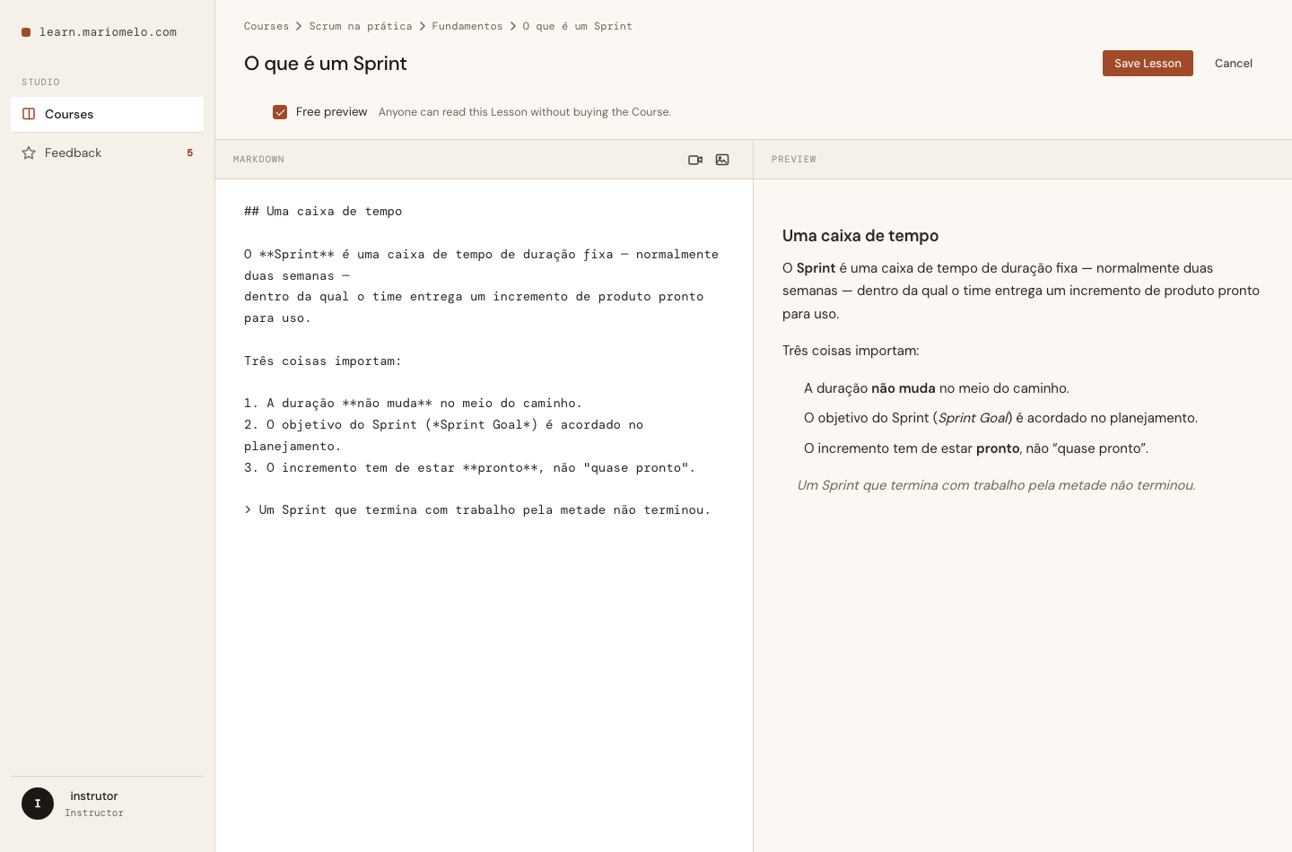 The Lesson editor with the Free preview checkbox on its own row under the title, checked in clay-600, with a hint reading “Anyone can read this Lesson without buying the Course.”