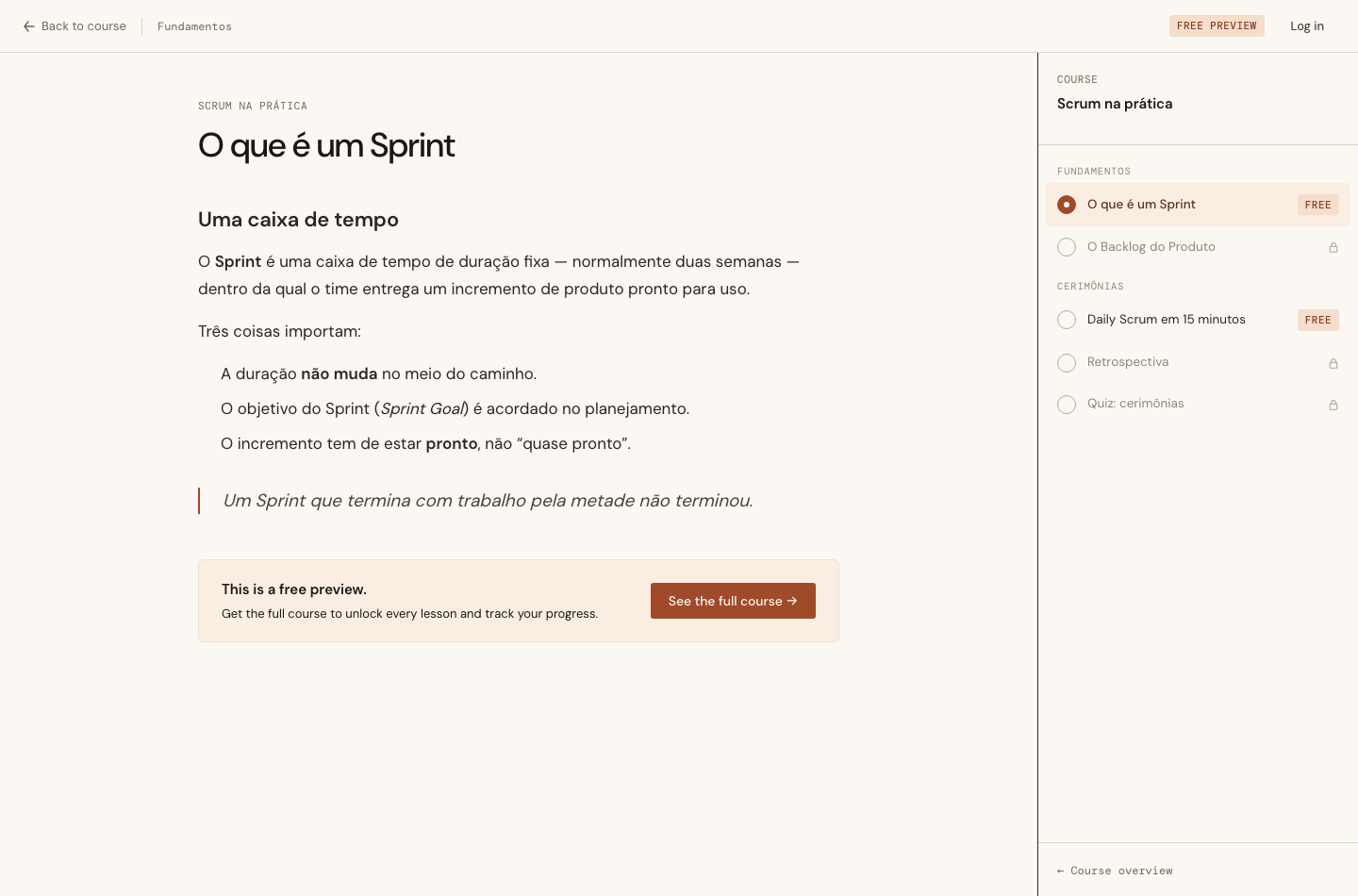 The free preview Lesson as a logged-out visitor sees it: a “Free preview” badge in the header, the full lesson body, the rest of the curriculum padlocked in the sidebar, and a call to action back to the Course page