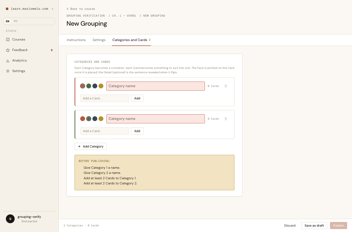 The validation panel listing every unmet rule, with Publish disabled