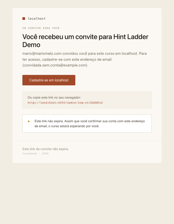 The invitation email: Você recebeu um convite para Hint Ladder Demo