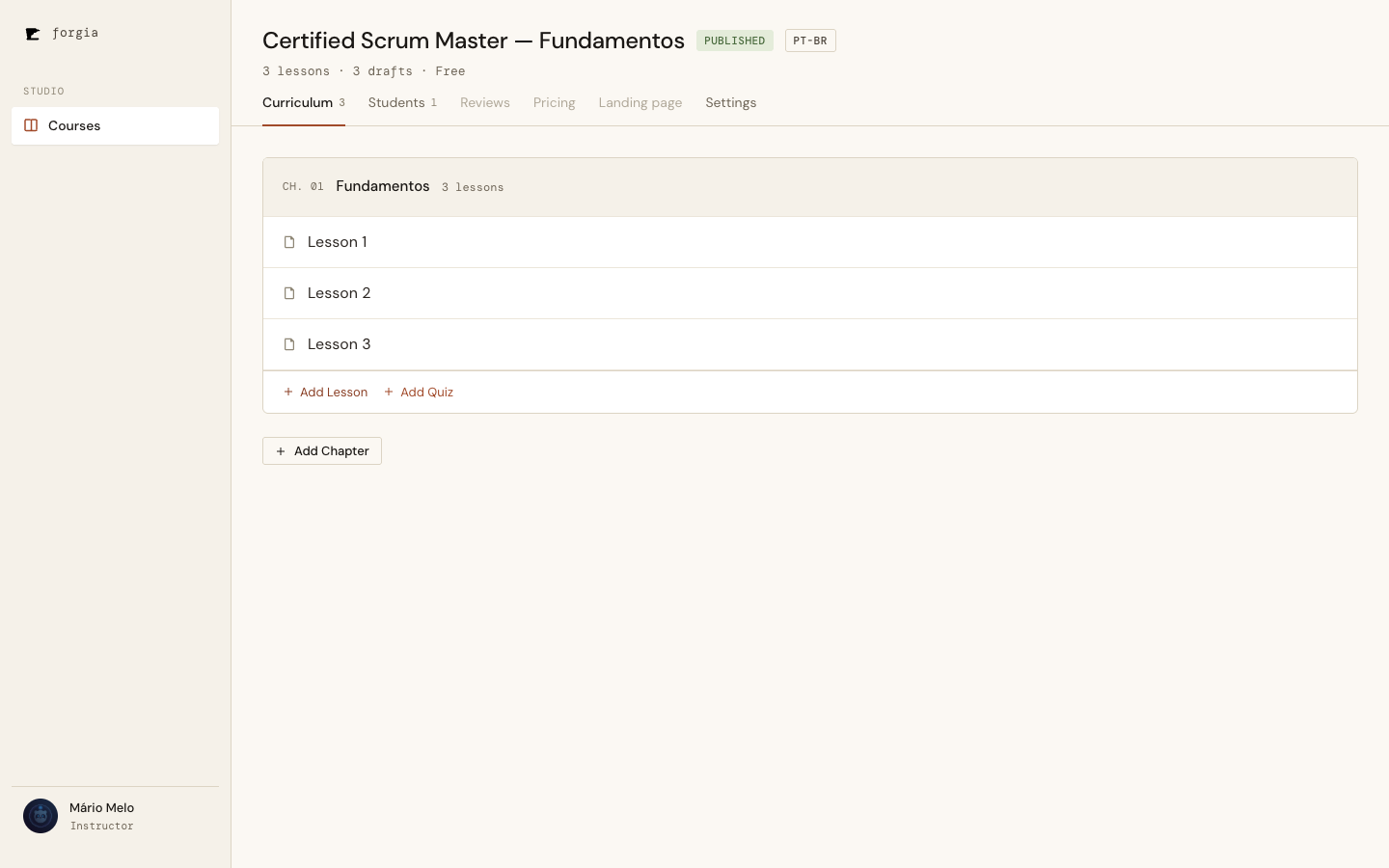 The Curriculum tab — the default landing tab, with the persistent header above it