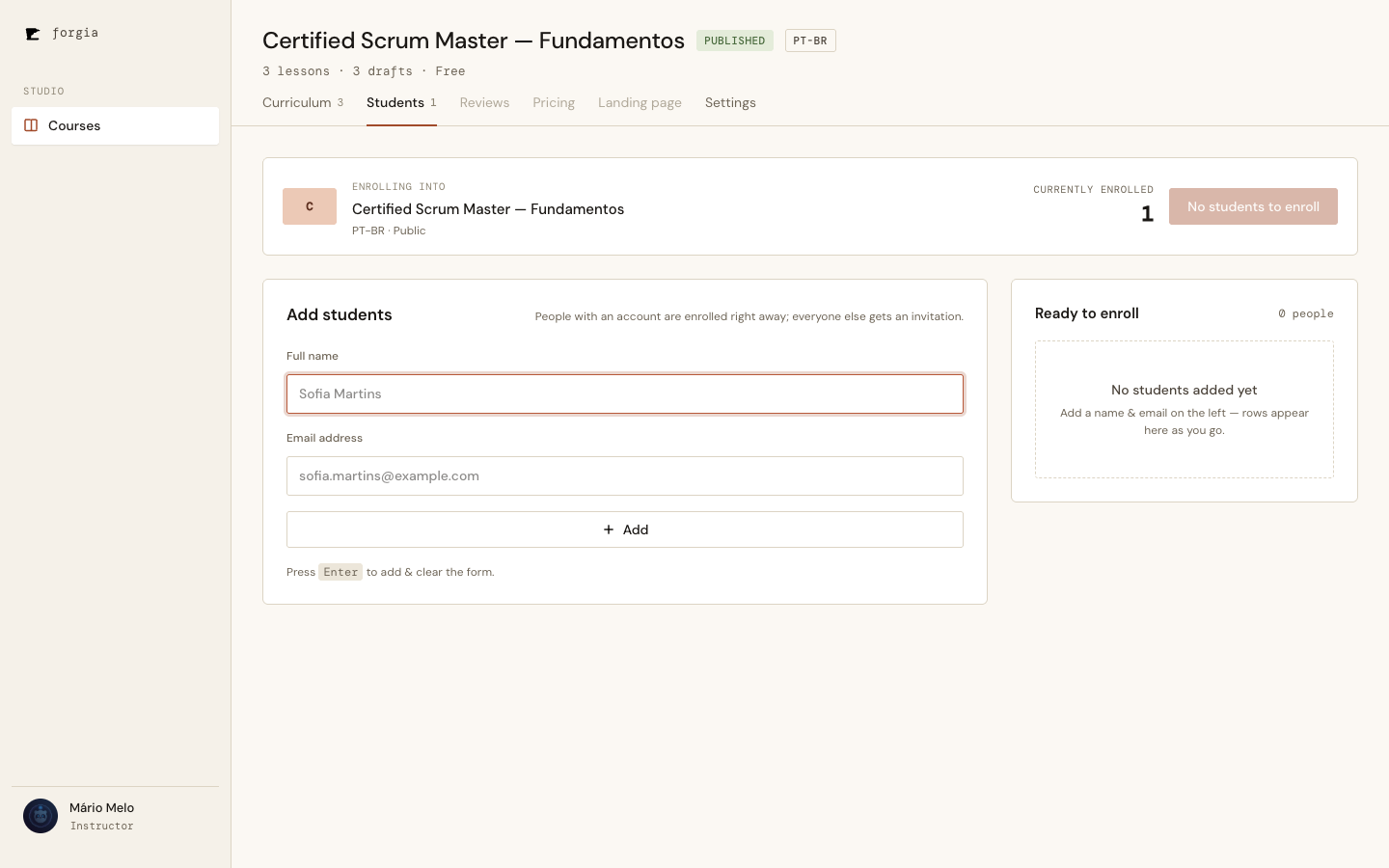 The Students tab — the batch-enrol flow embedded inline