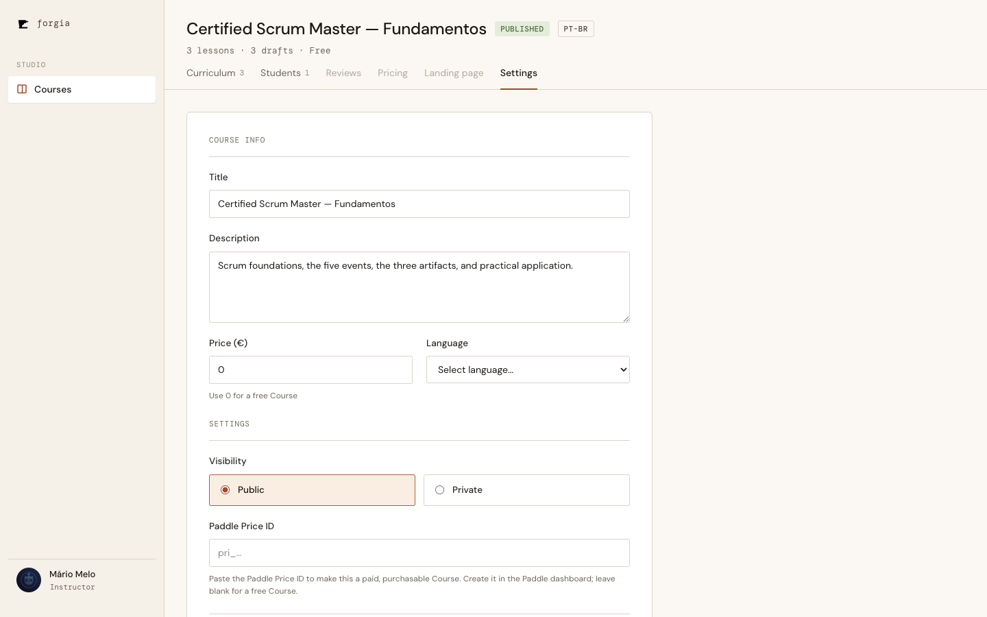 The Settings tab — the Course form, relocated as-is