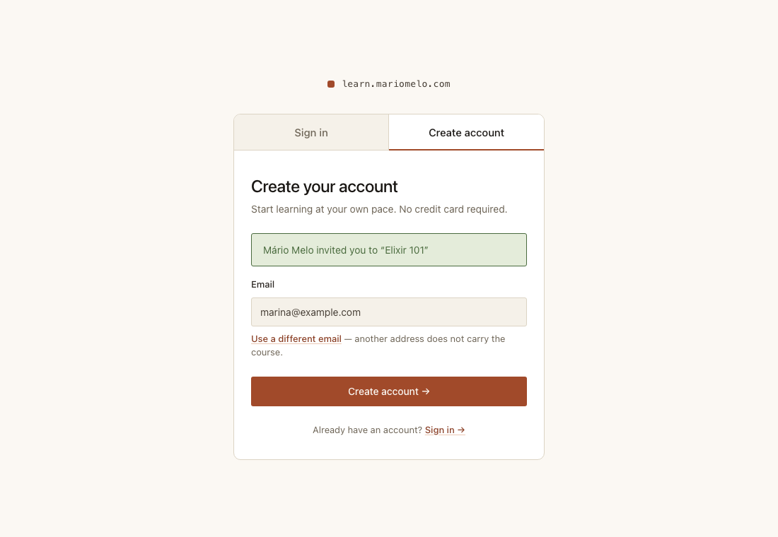 The registration screen, email prefilled and locked, naming the Instructor and the Course