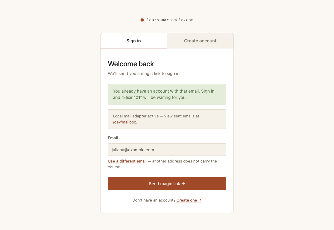 The sign-in screen after the redirect, prefilled and locked, with one notice