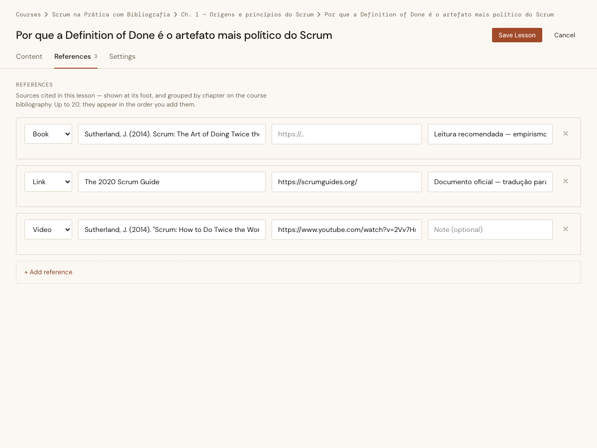 The References tab in the Lesson editor: type select, title, URL, note, and a remove button per row