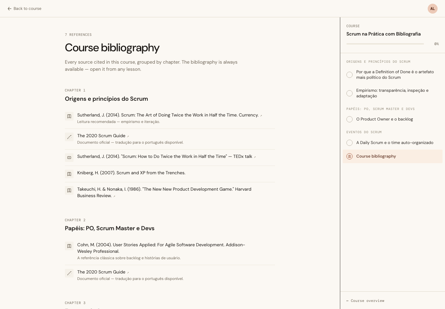 The Course bibliography, grouped by chapter, with the sidebar entry active