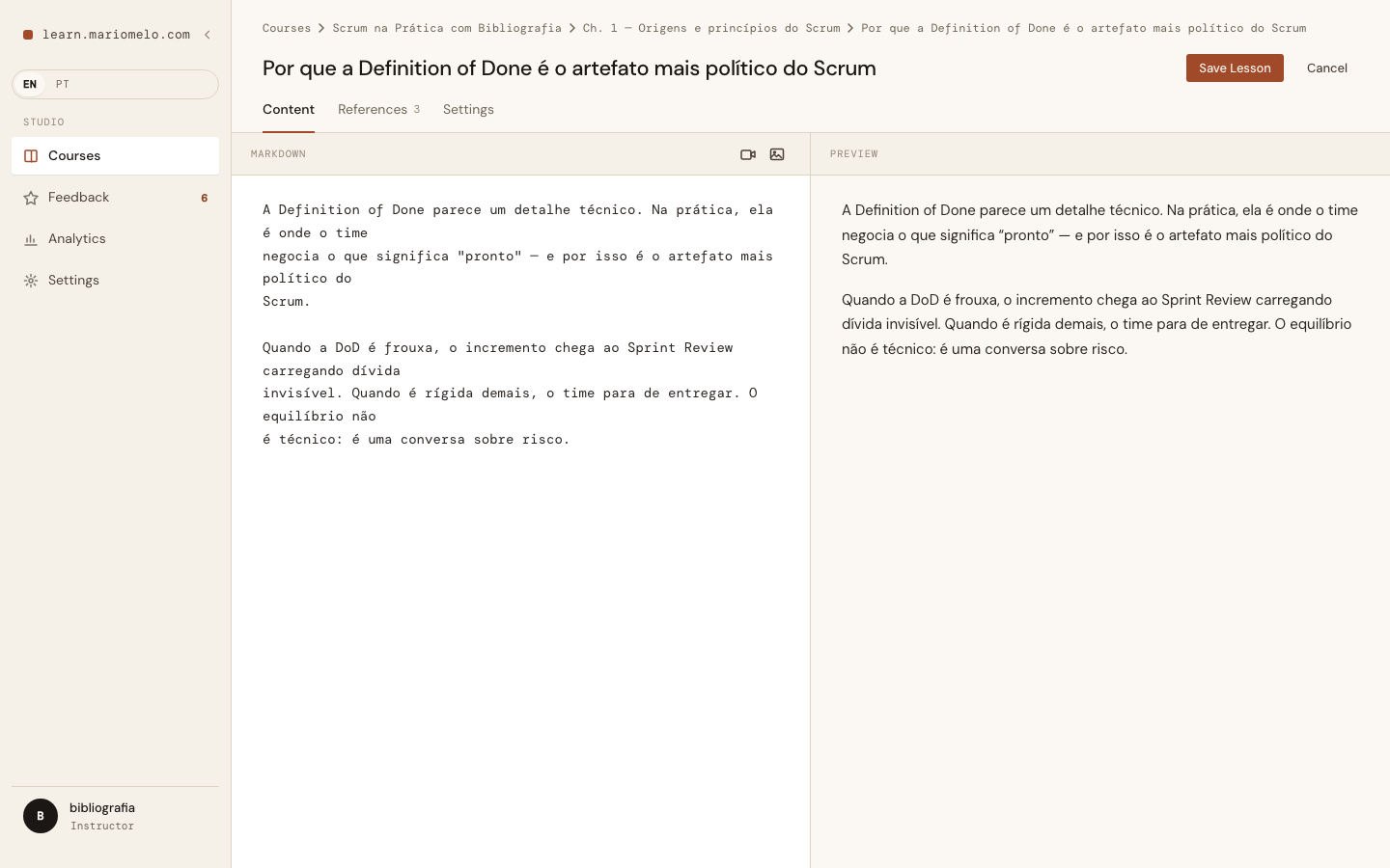 The Content tab: the Markdown pane and its preview, with the full height of the panel