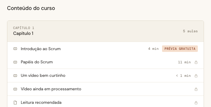 The Course curriculum, with durations on every Video Lesson
