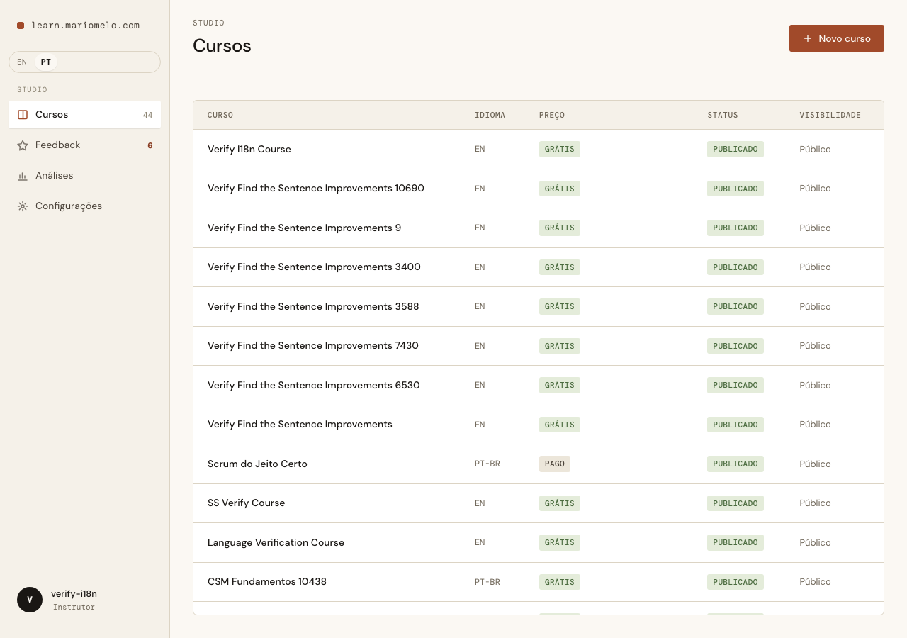 The Studio, fully translated, with the language switcher live in the sidebar