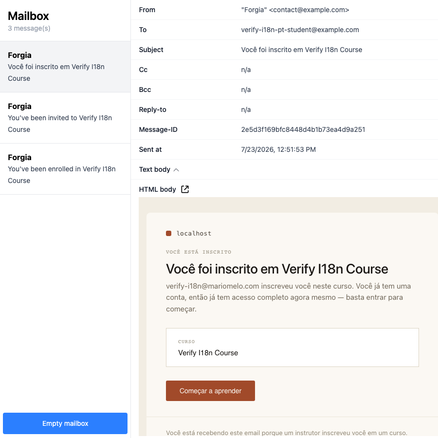 A pt-BR enrollment notification, in the actual dev mailbox