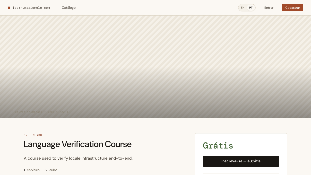 Course detail in pt-BR: &ldquo;Conteúdo do curso&rdquo;, &ldquo;1 capítulo · 2 aulas&rdquo;, &ldquo;Inscreva-se — é grátis&rdquo; — chrome only. Content stays as authored.