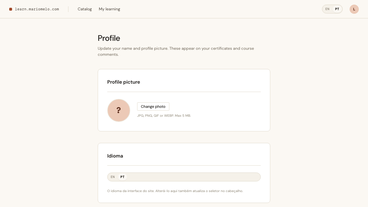 The /profile language selector — same mm-lang-switcher component as the header, same setting underneath.