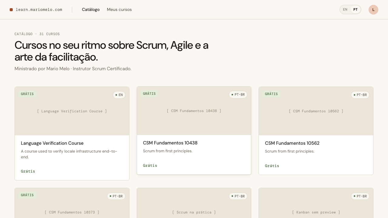 A brand-new session, same Student, no cookie carried over — the catalog still renders in pt-BR because the preference lives on the account, not the browser.
