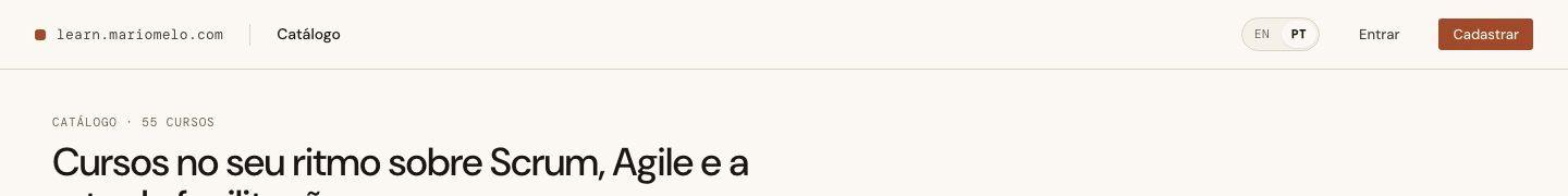 The Catalog as an anonymous visitor sees it: Catálogo, the language switcher, Entrar and Cadastrar