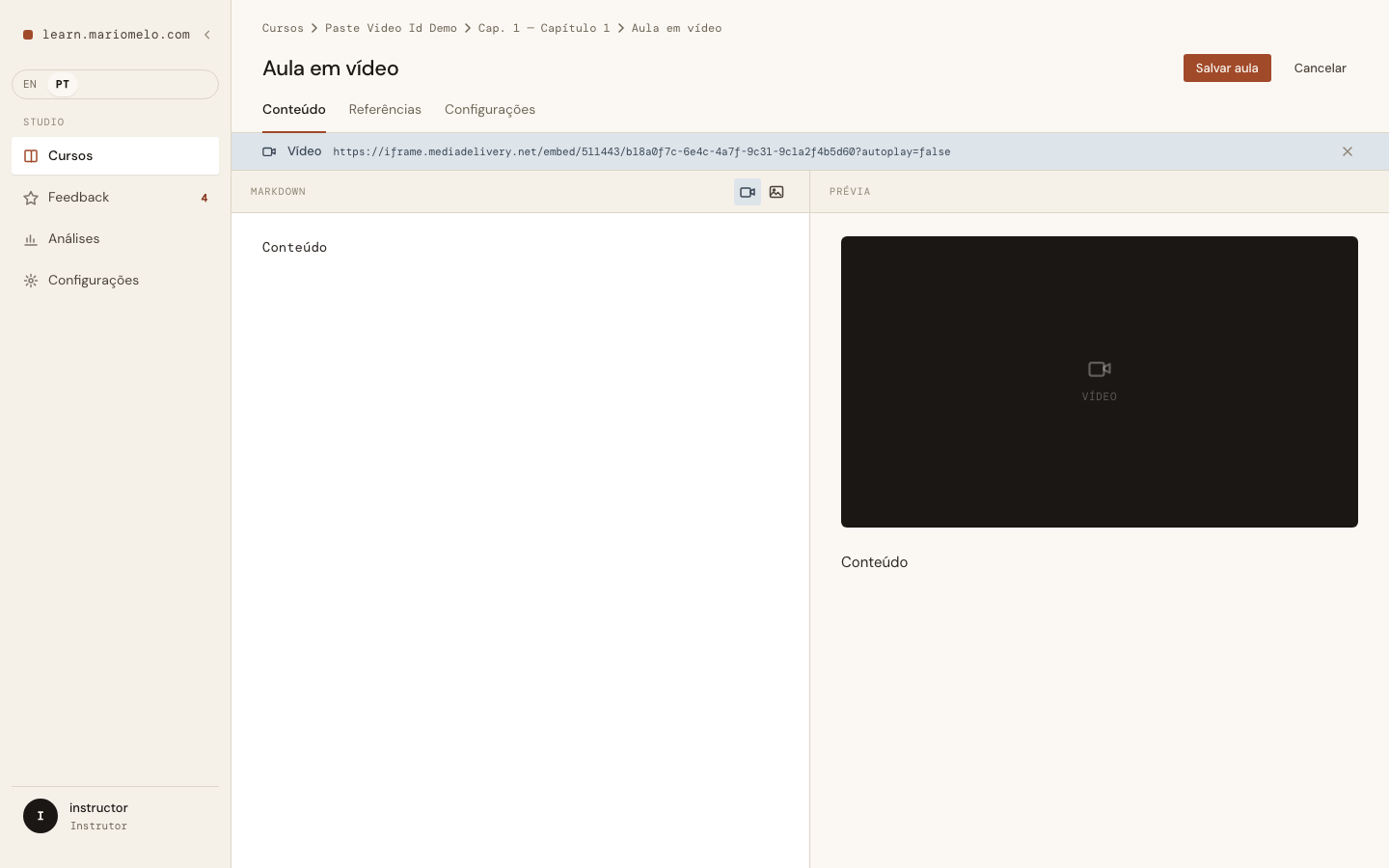 The Lesson editor banner, showing the URL the pasted id became