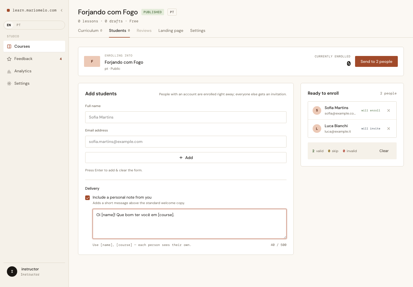 The Delivery section: a toggle, a textarea with merge fields typed into it, and a live character counter